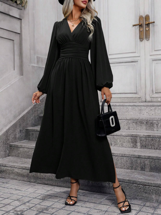 Lantern Sleeve Ruched Waist Split Thigh Dress