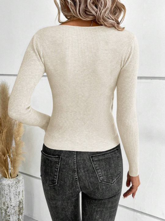 Clasi Solid Wrap Cross Ribbed Knit Sweater