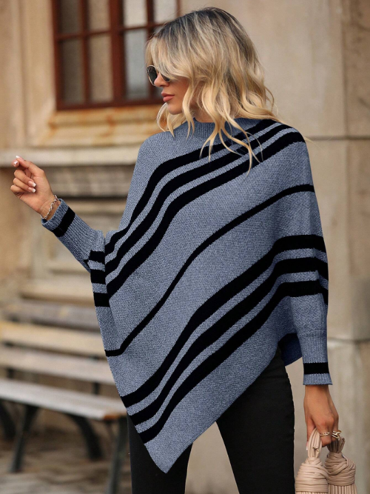 Striped Pattern Batwing Sleeve Asymmetrical Hem Knit Poncho