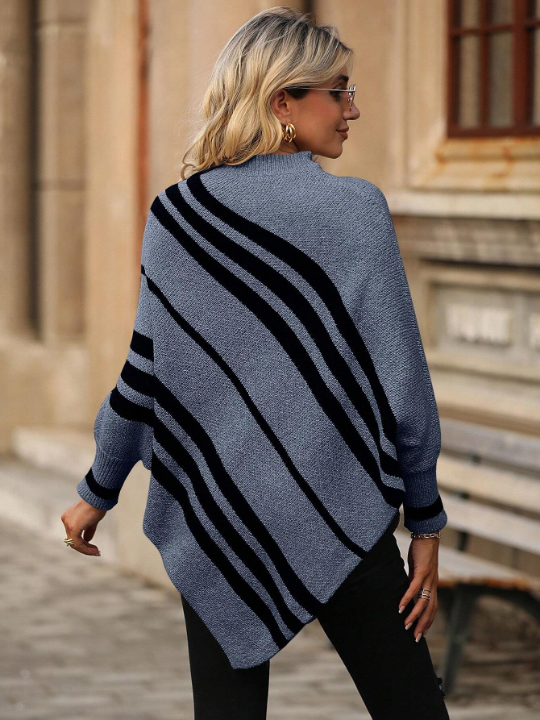 Striped Pattern Batwing Sleeve Asymmetrical Hem Knit Poncho