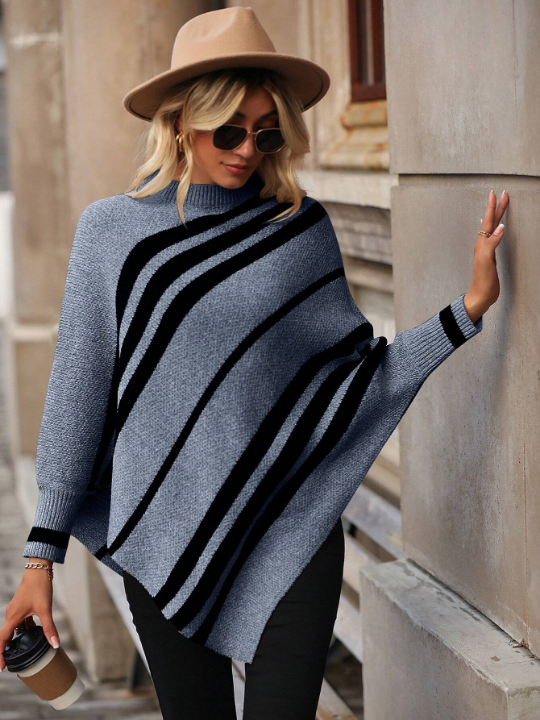 Striped Pattern Batwing Sleeve Asymmetrical Hem Knit Poncho