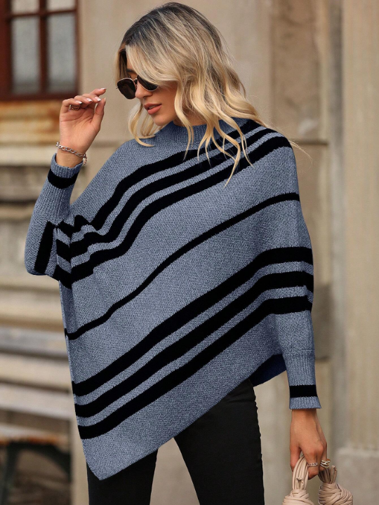 Striped Pattern Batwing Sleeve Asymmetrical Hem Knit Poncho