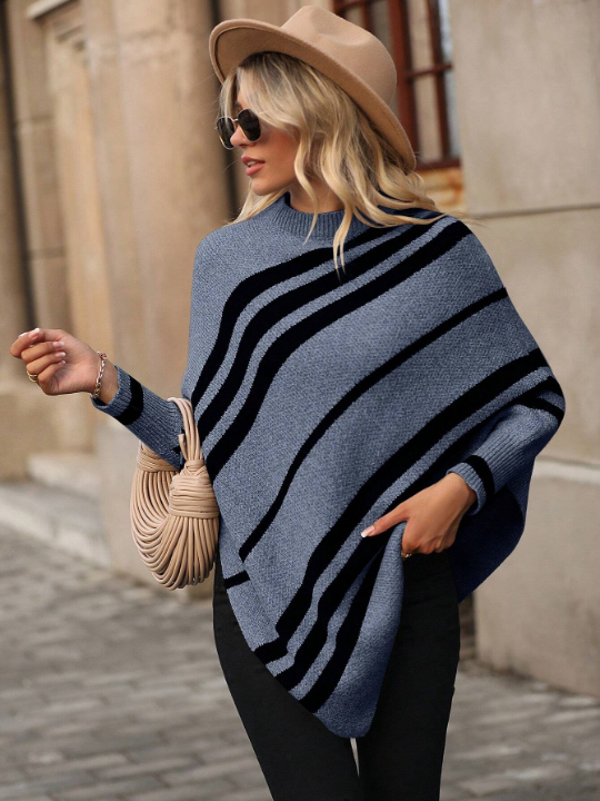 Striped Pattern Batwing Sleeve Asymmetrical Hem Knit Poncho