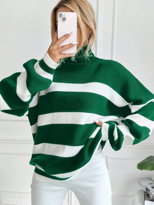 Striped Pattern Turtleneck Drop Shoulder Sweater