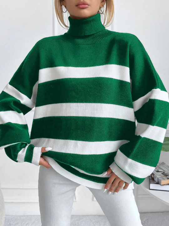 Striped Pattern Turtleneck Drop Shoulder Sweater