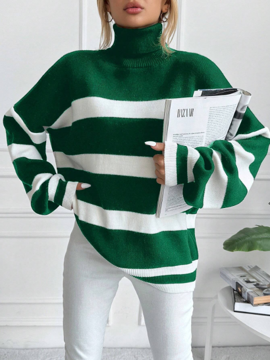 Striped Pattern Turtleneck Drop Shoulder Sweater