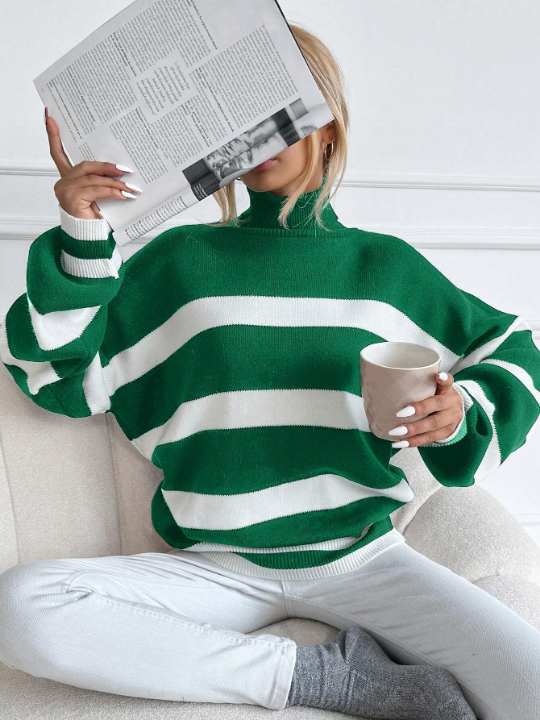 Striped Pattern Turtleneck Drop Shoulder Sweater