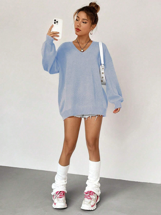 Qutie Solid Drop Shoulder V Neck Drop Shoulder Sweater