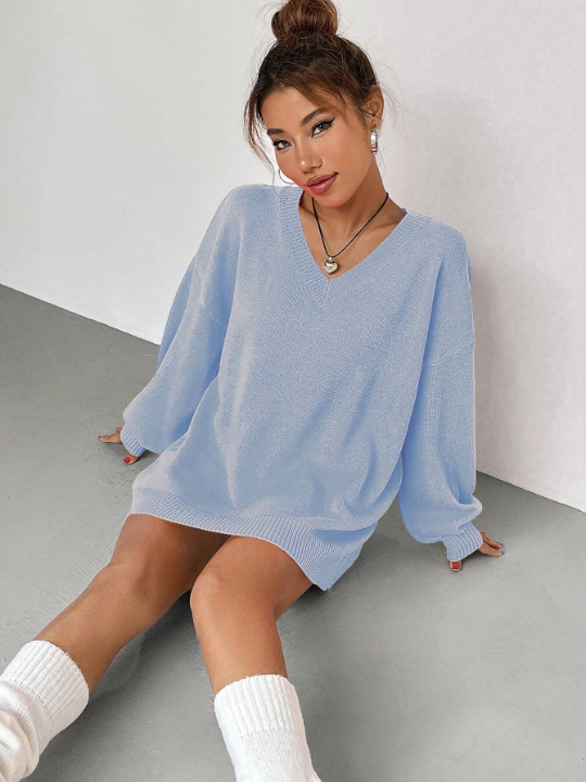 Qutie Solid Drop Shoulder V Neck Drop Shoulder Sweater