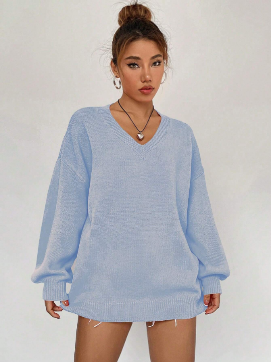 Qutie Solid Drop Shoulder V Neck Drop Shoulder Sweater