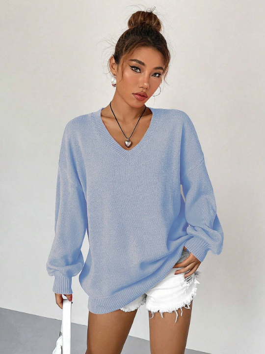 Qutie Solid Drop Shoulder V Neck Drop Shoulder Sweater