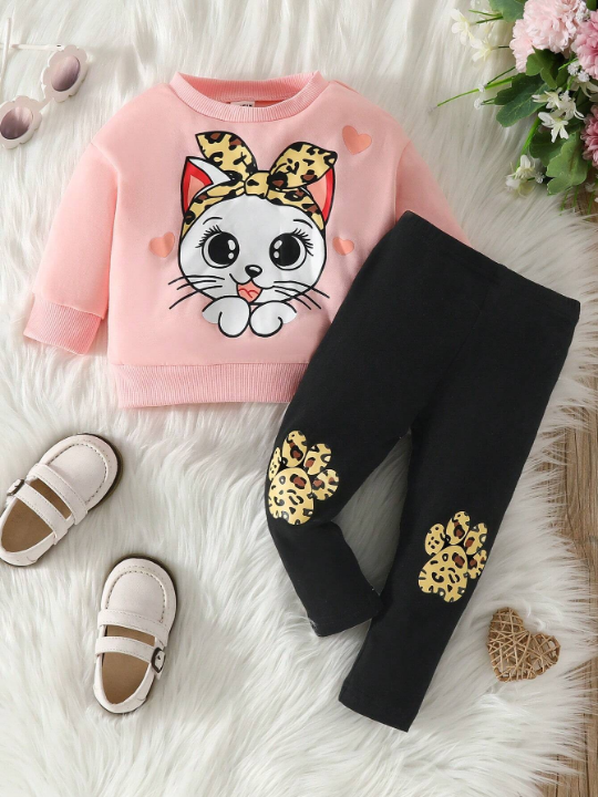 Baby Girl Cartoon Graphic 3D Ear Design Sweatshirt & Leggings