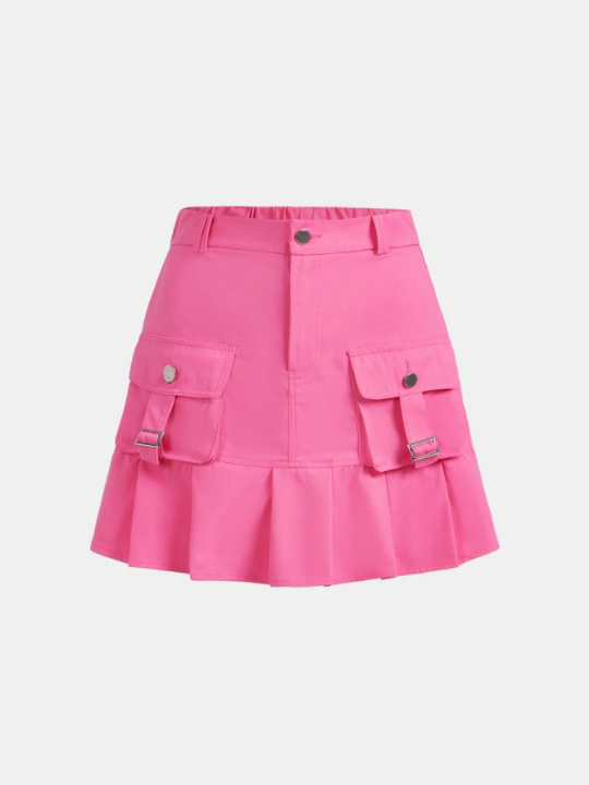 Teen Girl Flap Pocket Pleated Hem Cargo Skirt