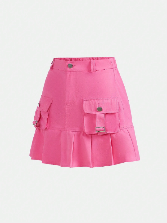 Teen Girl Flap Pocket Pleated Hem Cargo Skirt