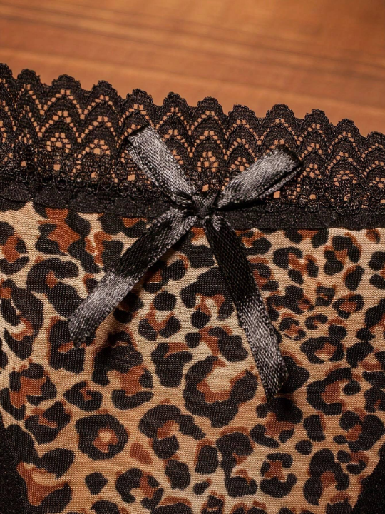 Sexy Leopard Print & Lace Patchwork, Soft Brushed Crotchless Thong Panties