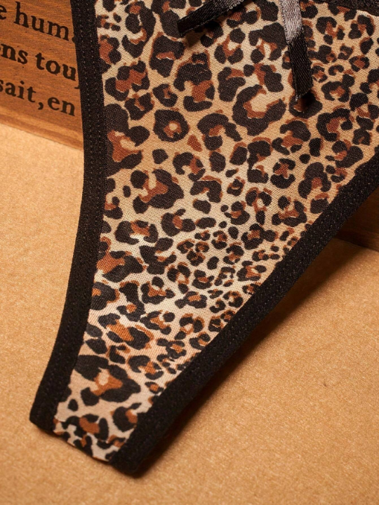 Sexy Leopard Print & Lace Patchwork, Soft Brushed Crotchless Thong Panties