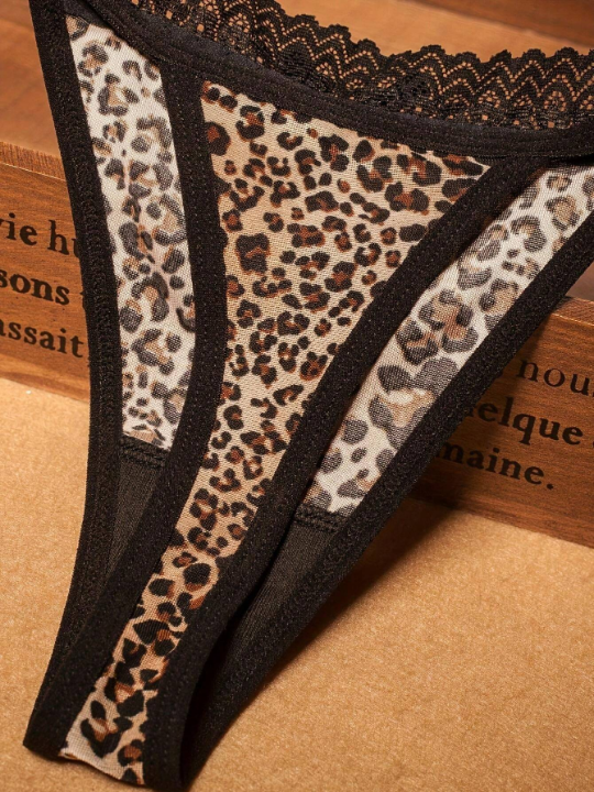 Sexy Leopard Print & Lace Patchwork, Soft Brushed Crotchless Thong Panties
