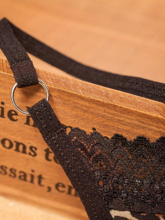 Sexy Leopard Print & Lace Patchwork, Soft Brushed Crotchless Thong Panties