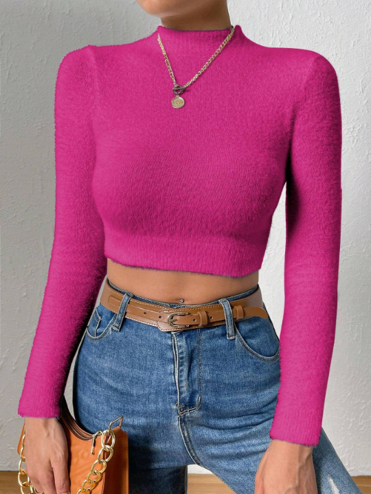 Essnce Mock Neck Crop Fuzzy Knit Top