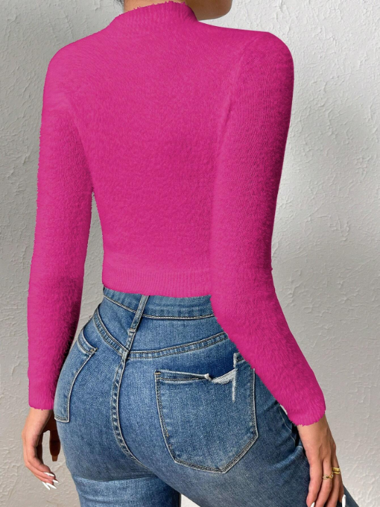 Essnce Mock Neck Crop Fuzzy Knit Top