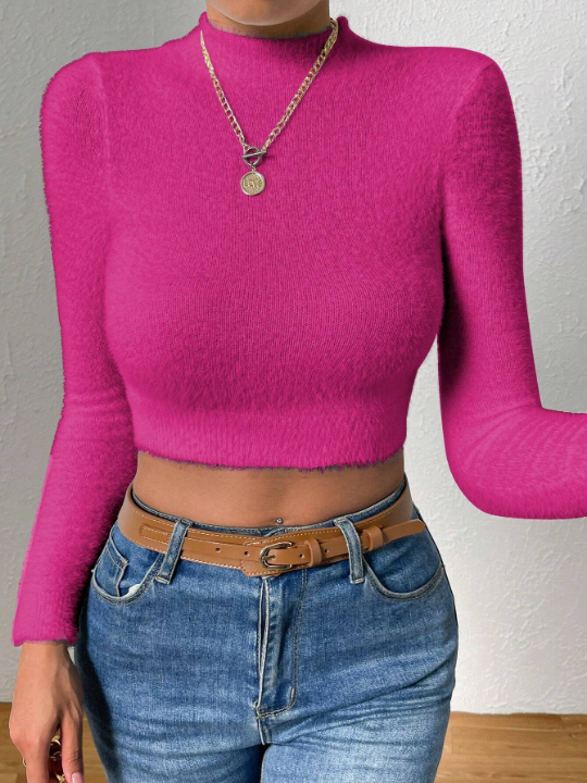 Essnce Mock Neck Crop Fuzzy Knit Top