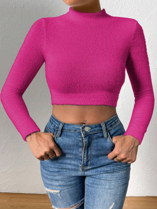 Essnce Mock Neck Crop Fuzzy Knit Top