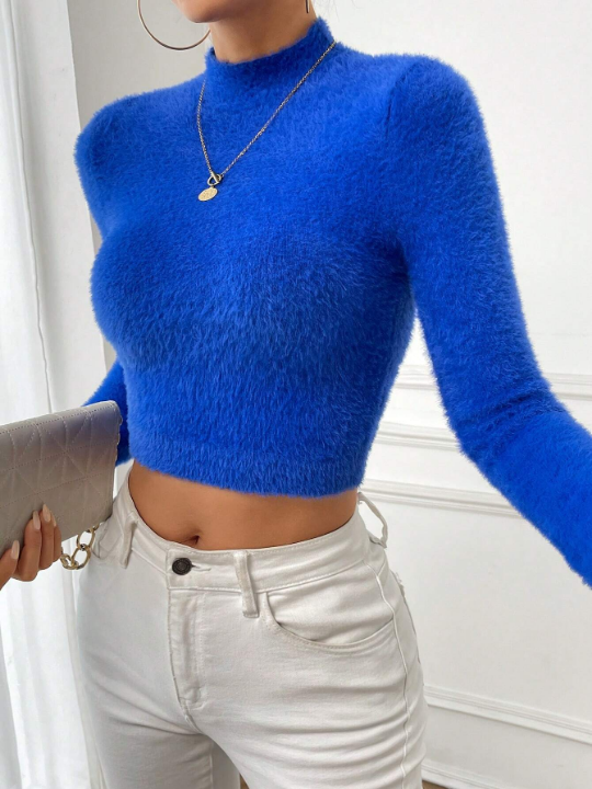 Essnce Mock Neck Crop Fuzzy Sweater