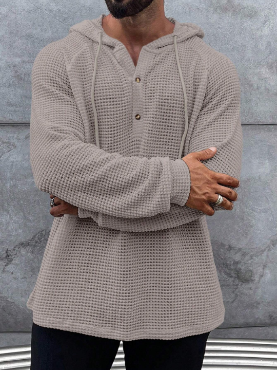 Manfinity Homme Loose Men's Half Button Raglan Sleeve Drawstring Hoodie