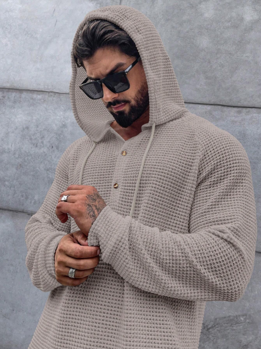 Manfinity Homme Loose Men's Half Button Raglan Sleeve Drawstring Hoodie