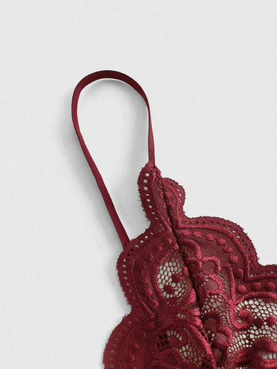 ROMWE Kawaii Floral Lace Scallop Trim Teddy Bodysuit