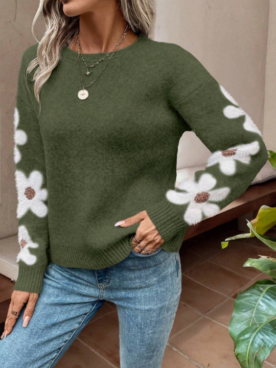 Essnce Floral Pattern Drop Shoulder Sweater