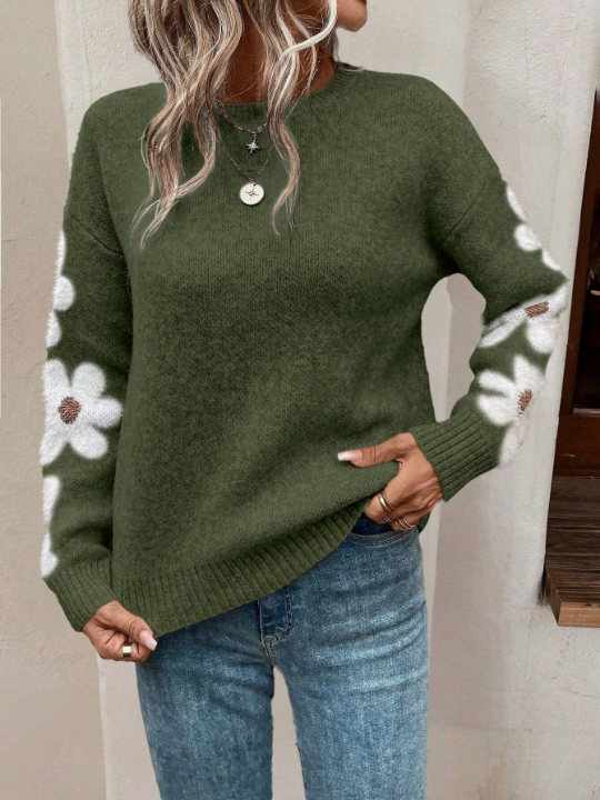 Essnce Floral Pattern Drop Shoulder Sweater