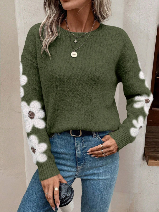 Essnce Floral Pattern Drop Shoulder Sweater