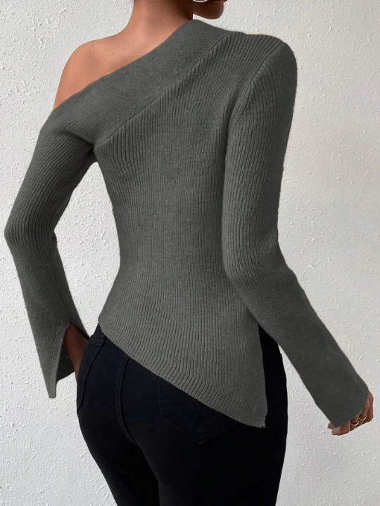 Priv Asymmetrical Neck Split Hem Sweater