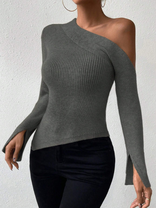 Priv Asymmetrical Neck Split Hem Sweater