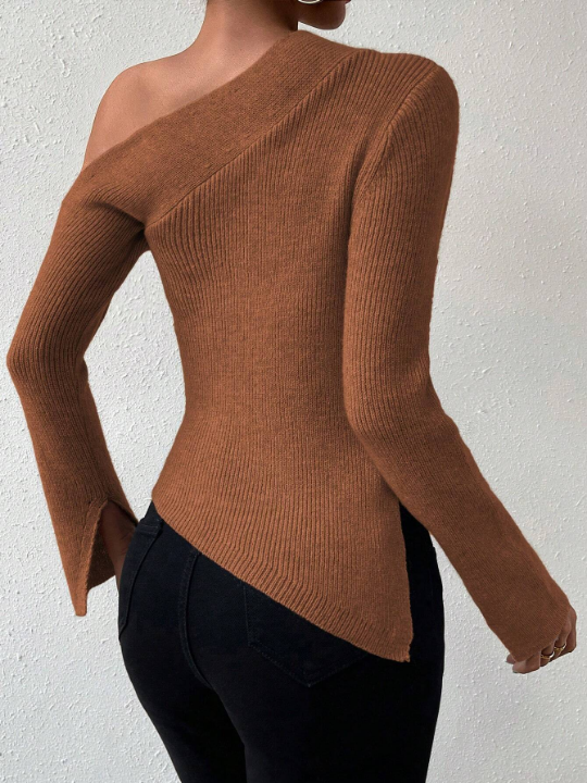 Priv Asymmetrical Neck Ribbed Knit Sweater