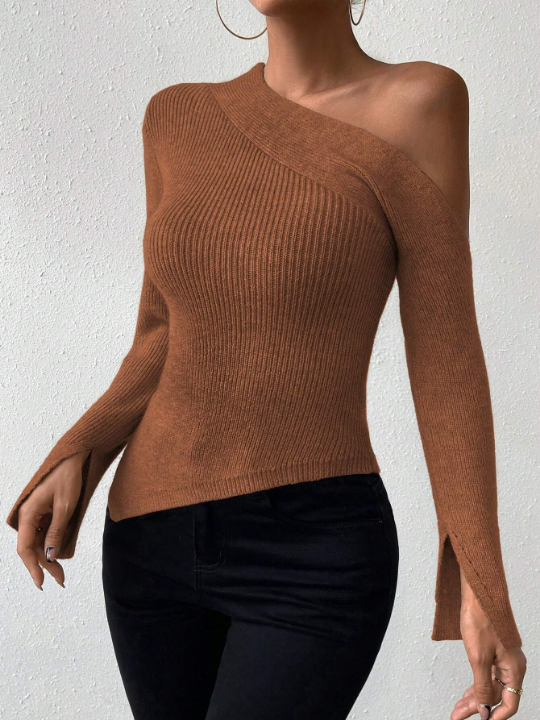 Priv Asymmetrical Neck Ribbed Knit Sweater