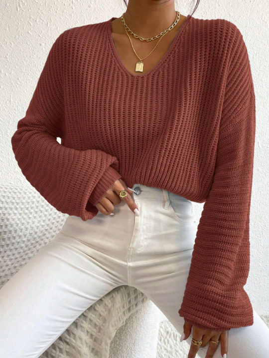 Essnce V Neck Drop Shoulder Ribbed Knit Sweater