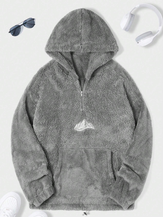 Manfinity Sporsity Men Mountain Embroidery Kangaroo Pocket Fuzzy Hoodie