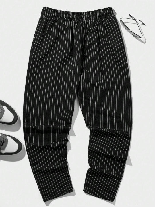 Cottnline Men Striped Print Drawstring Waist Pants