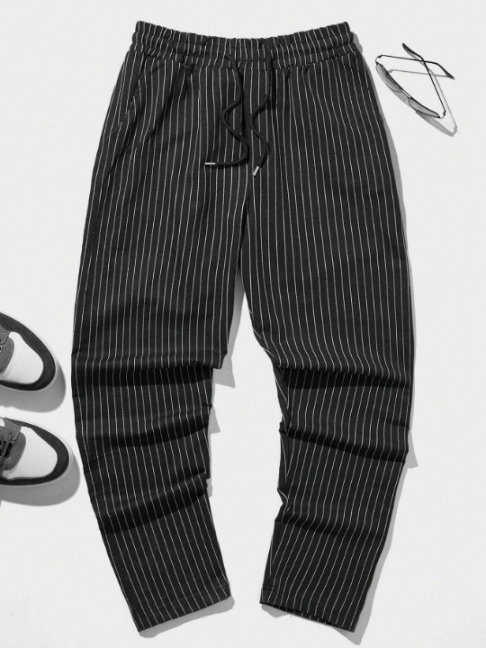 Cottnline Men Striped Print Drawstring Waist Pants