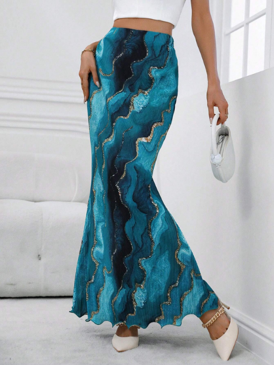 Priv Marble Print Mermaid Hem Lettuce Trim Mermaid Hem Skirt