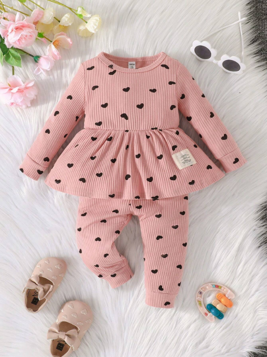 Baby Girl Heart Print Peplum Top & Pants