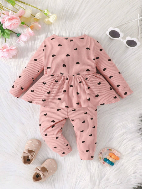 Baby Girl Heart Print Peplum Top & Pants