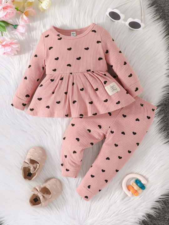 Baby Girl Heart Print Peplum Top & Pants