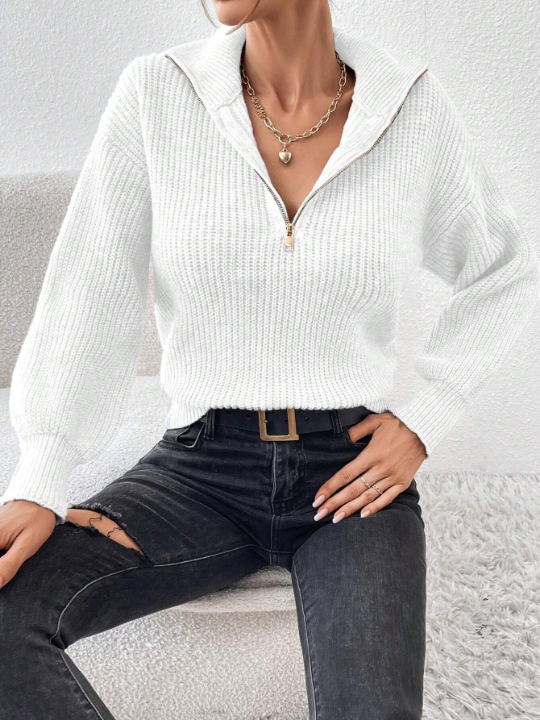 Frenchy Half Zip Drop Shoulder Ribbed Knit Sweater