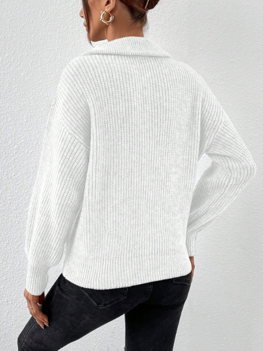 Frenchy Half Zip Drop Shoulder Ribbed Knit Sweater