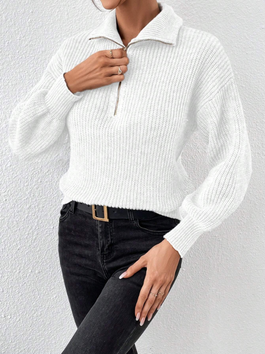 Frenchy Half Zip Drop Shoulder Ribbed Knit Sweater