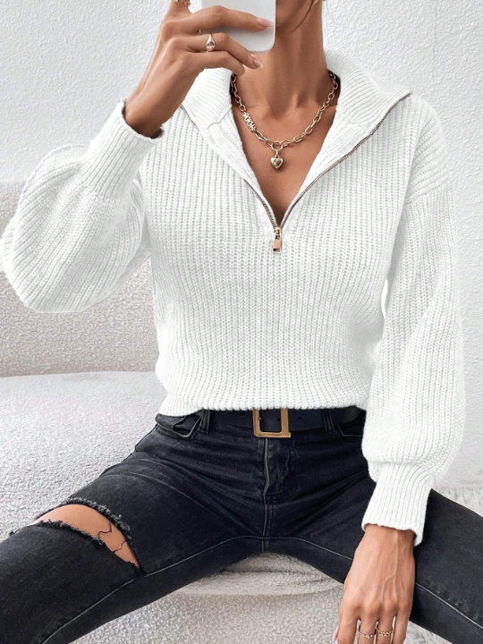 Frenchy Half Zip Drop Shoulder Ribbed Knit Sweater