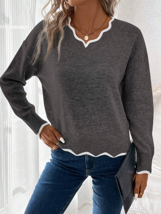 LUNE Contrast Scallop Trim Drop Shoulder Sweater